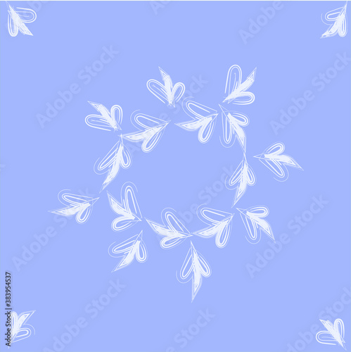 White snowflake in the shape of a bird flying on a light blue background of hearts for Christmas  