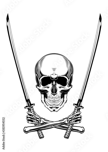 Vintage monochrome illustration of skull with crossed arms and japanese swords . Isolated vector template