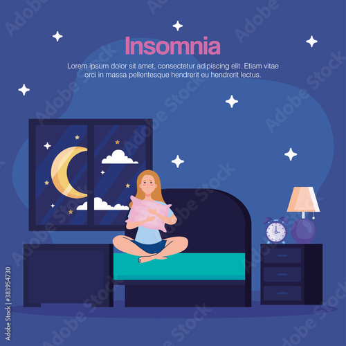 insomnia woman in bedroom with pillow and clock design, sleep and night theme Vector illustration