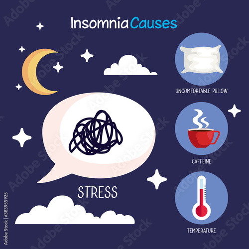 insomnia causes stress bubble and icon set design, sleep and night theme Vector illustration