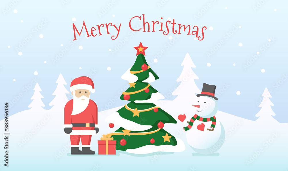 Merry Christmas and Happy New year poster with Santa Claus, snowman and tree. Flat vector illustration.