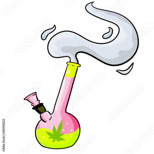 Bong for Smoking tobacco and marijuana. Gray smoke. Cartoon concept. Drug dependence. Glass bottle for cannabis