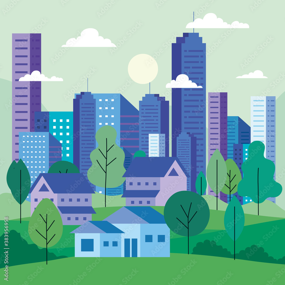 City landscape with buildings houses trees clouds and sun design, architecture and urban theme Vector illustration