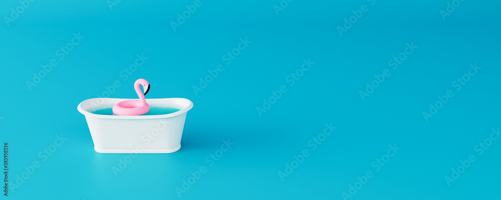 Pink flamingo in bathtub. Stay at home concept. Pandemic virus quarantine period for travel destinations and summer vacations. 3d render 3d illustration Pink flamingo in bathtub. Stay at home concept. Pandemic virus quarantine period for travel destinations and summer vacations. 3d render 3d illustration