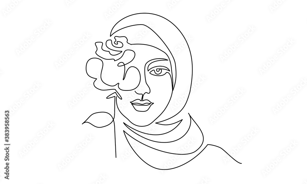 Young happy woman in hijab with flowers on her face Young happy woman in hijab with flowers on her face