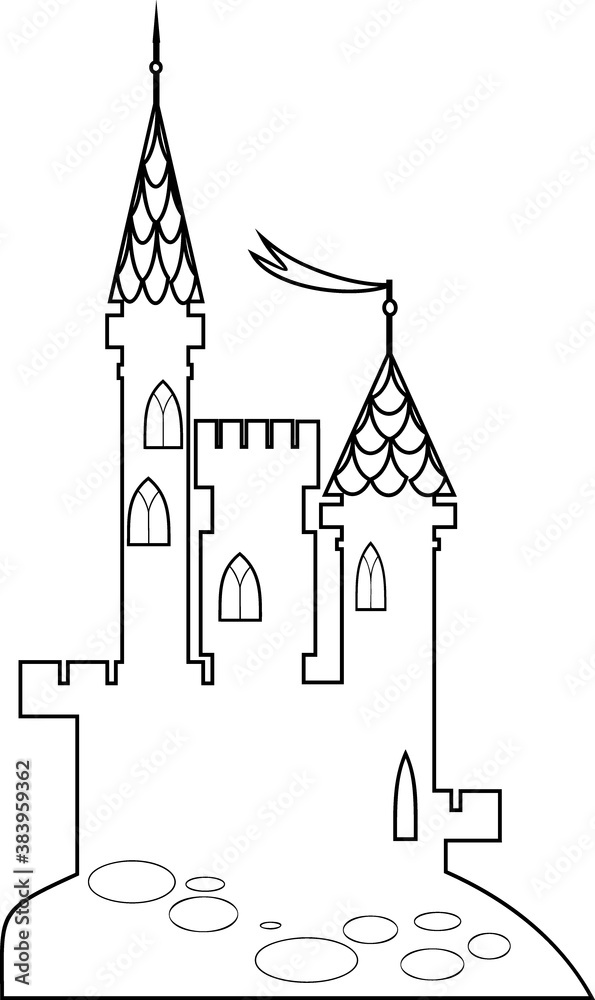Coloring page with cartoon fairytale castle with high towers