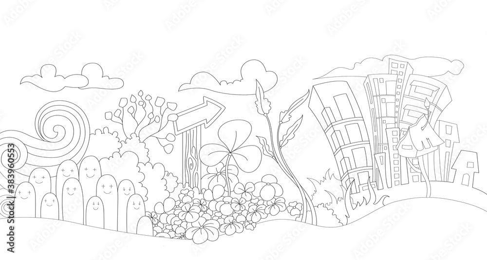 hand drawn illustration of a landscape, sketching, sketch, illustration, nature, concept art, drawing, building, architecture, house, city, coloring book, mix village and city, beautiful nature,  sky