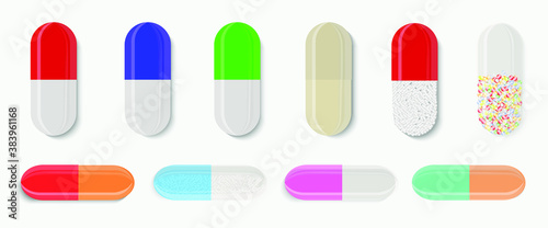 Large vector set of capsules, set, medications, antibiotics and antivirals isolated on a white background
