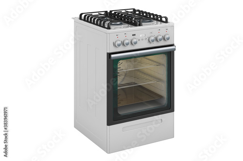 Freestanding gas range with oven, side view. 3D rendering