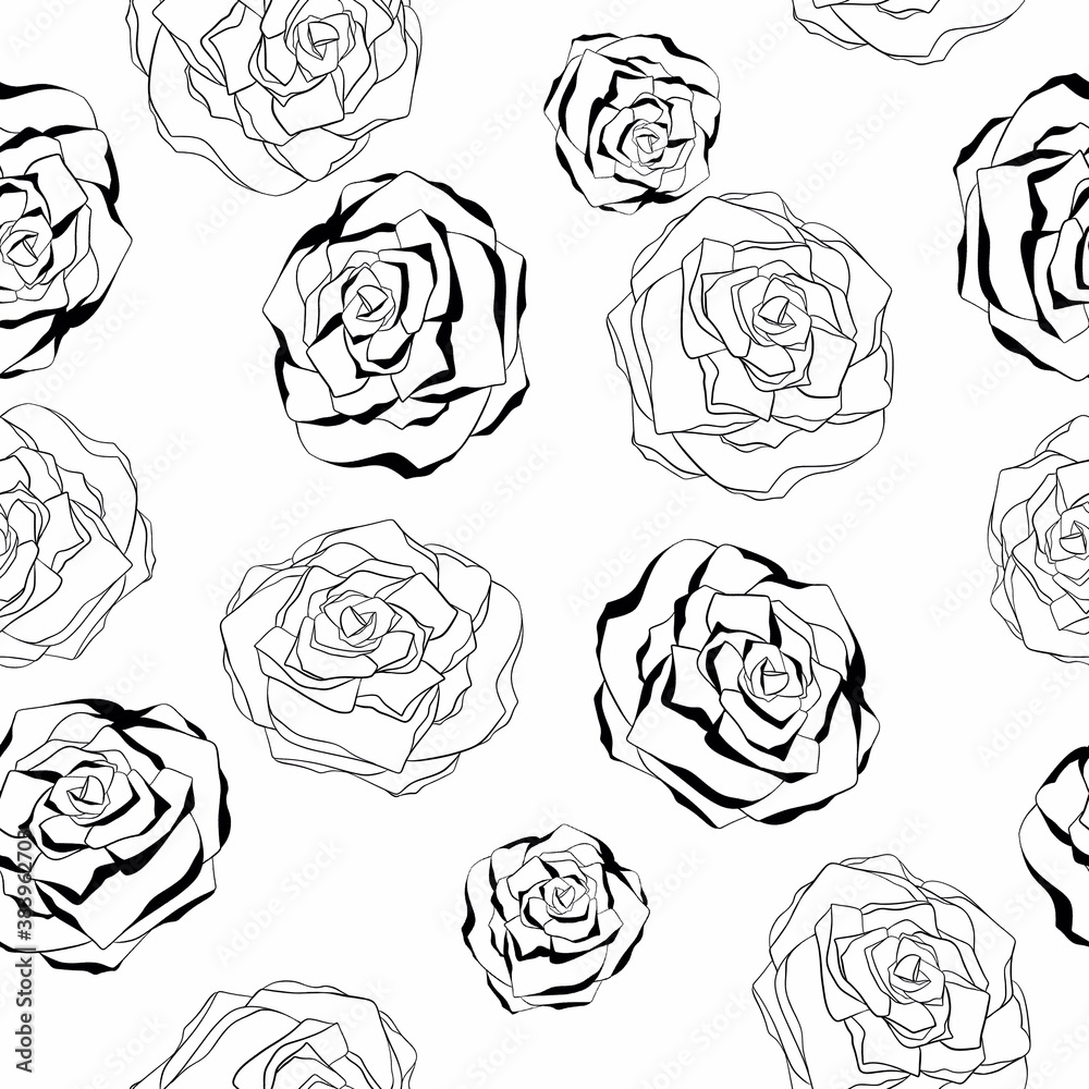 Seamless pattern with roses. Black and white flowers. White background. Botanical endless wallpaper. Seamless pattern with roses. Black and white flowers. White background. Botanical endless wallpaper.