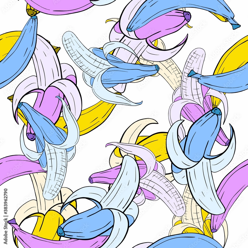 Seamless pattern. Colored bananas on a white background. Peeled banana.