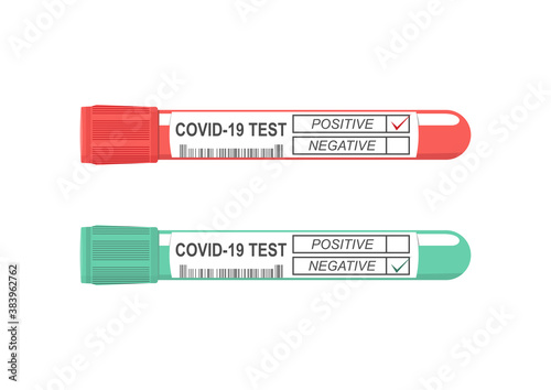 Covid 19 test. Coronavirus positive and negative test tube. Flat vector.
