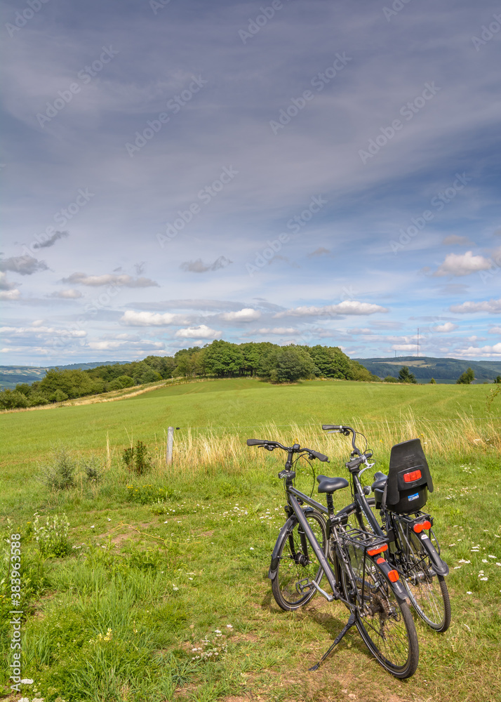 Obraz premium Two bikes standing in the grass with a view