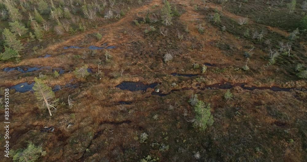 An aerial of famous hanging bogs in autumnal Riisitunturi National Park in the middle of taiga forests of Norhern Finland. An aerial of famous hanging bogs in autumnal Riisitunturi National Park in the middle of taiga forests of Norhern Finland.