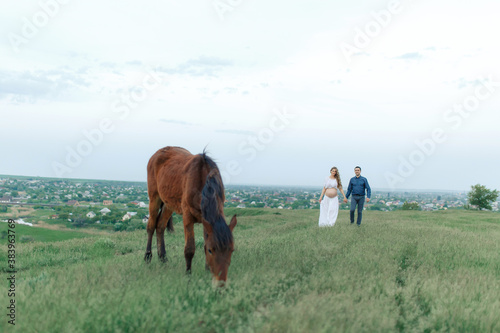 Rural couple on a green meadow communicates with animals. Pregnant wife. Therapy and relaxation for pregnant women