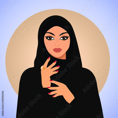 arabic muslim beautiful woman in stylish black abaya and traditional hijab from united arab emirates or saudi arabia cartoon vector illustration