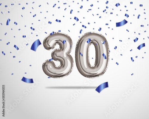 Happy 30th birthday with realistic foil balloons text on silver background and blue confetti. Set for Birthday, Anniversary, Celebration Party. Vector stock.