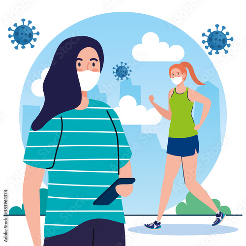 New normal of women with masks design of covid 19 virus and prevention theme Vector illustration