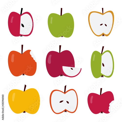 Apple vector set. Half, whole, slice, bitten different apples. Red, yellow and green healthy fruit collection. Flat simple graphic about vitamin juicy diet.