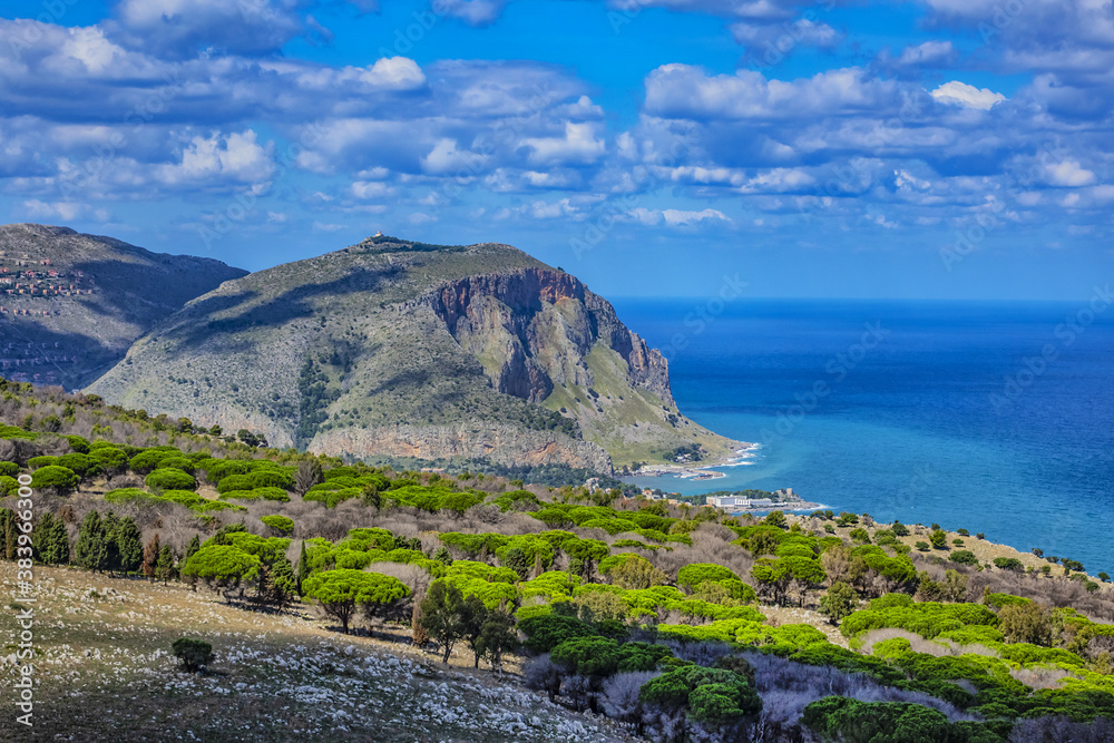 Fototapeta premium Beautiful view from top of Monte Pellegrino (Pilgrim Mountain), which overlooks whole Palermo bay. Palermo, Sicily, Italy.