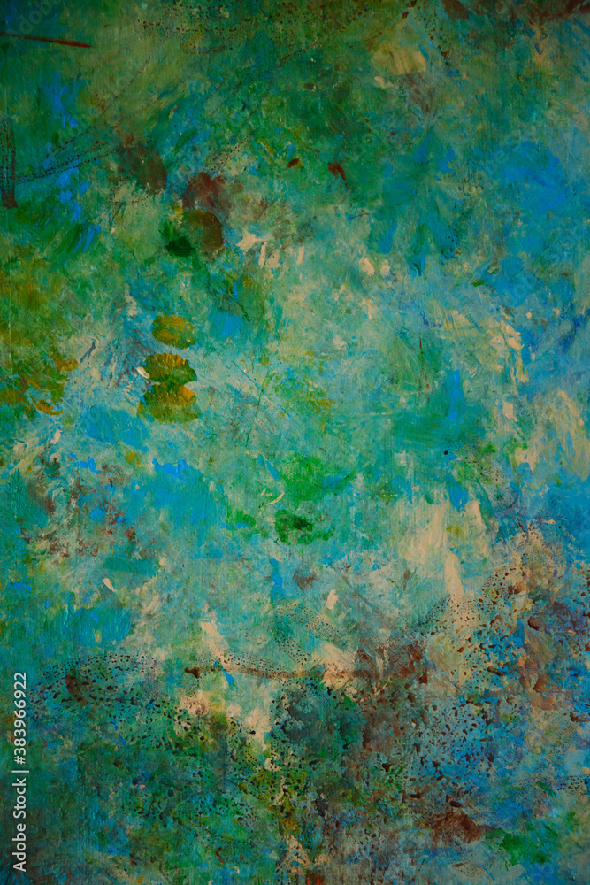 Grunge style textured classic color background. Art of abstract painted walls in old blue, green, yellow and beige colors. Color of grunge's texture. Amazing, modern, abstract. Copy space
