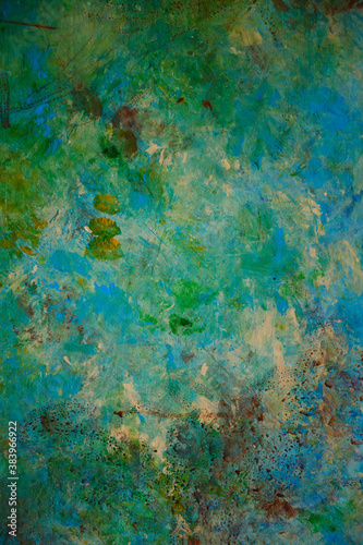 Grunge style textured classic color background. Art of abstract painted walls in old blue, green, yellow and beige colors. Color of grunge's texture. Amazing, modern, abstract. Copy space