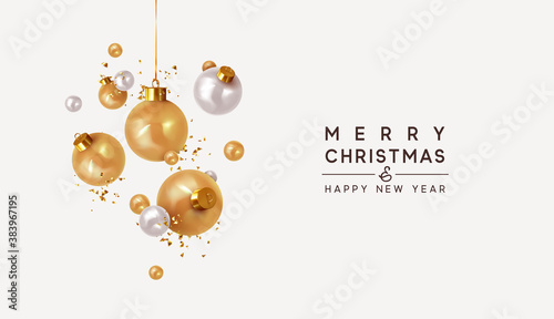 Xmas Realistic balls bauble hanging on ribbon. Merry Christmas and Happy New Year. Background with festive 3d golden balls. Falling Tinsel glitter gold confetti. vector illustration