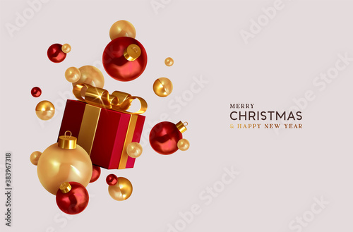 Merry Christmas and Happy New Year. Background with realistic festive gift box. Xmas present. Red gift boxes with surprise, Golden Christmas baubles, balls. Flyer and brochure. Vector illustration