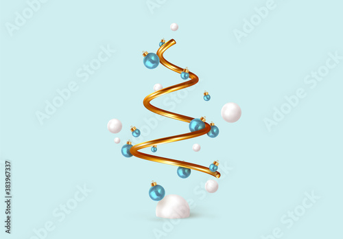 Abstract minimal christmas design, golden metallic cone spiral tree, with realistic holiday baubles round balls. Xmas decorative 3D objects. Christmas and New Year background. vector illustration