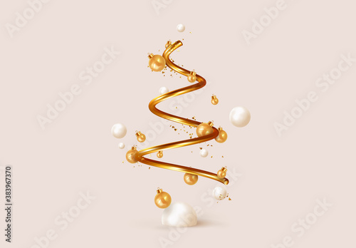 Abstract minimal christmas design, golden metallic cone spiral tree, with realistic holiday baubles round balls. Xmas decorative 3D objects. Christmas and New Year background. vector illustration