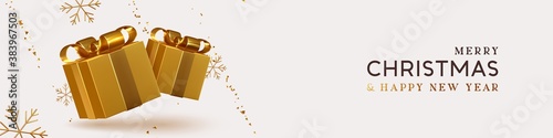 Christmas and New Year web banner, header for website. Golden realistic 3d gift box, gold snowflake and tinsel confetti. Xmas flyer, brochure, horizontal holiday background. vector illustration
