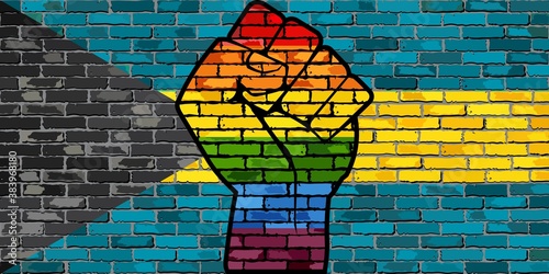 LGBT Protest Fist on a Bahamas Brick Wall Flag - Illustration, 
Brick Wall Bahamas and Gay flags