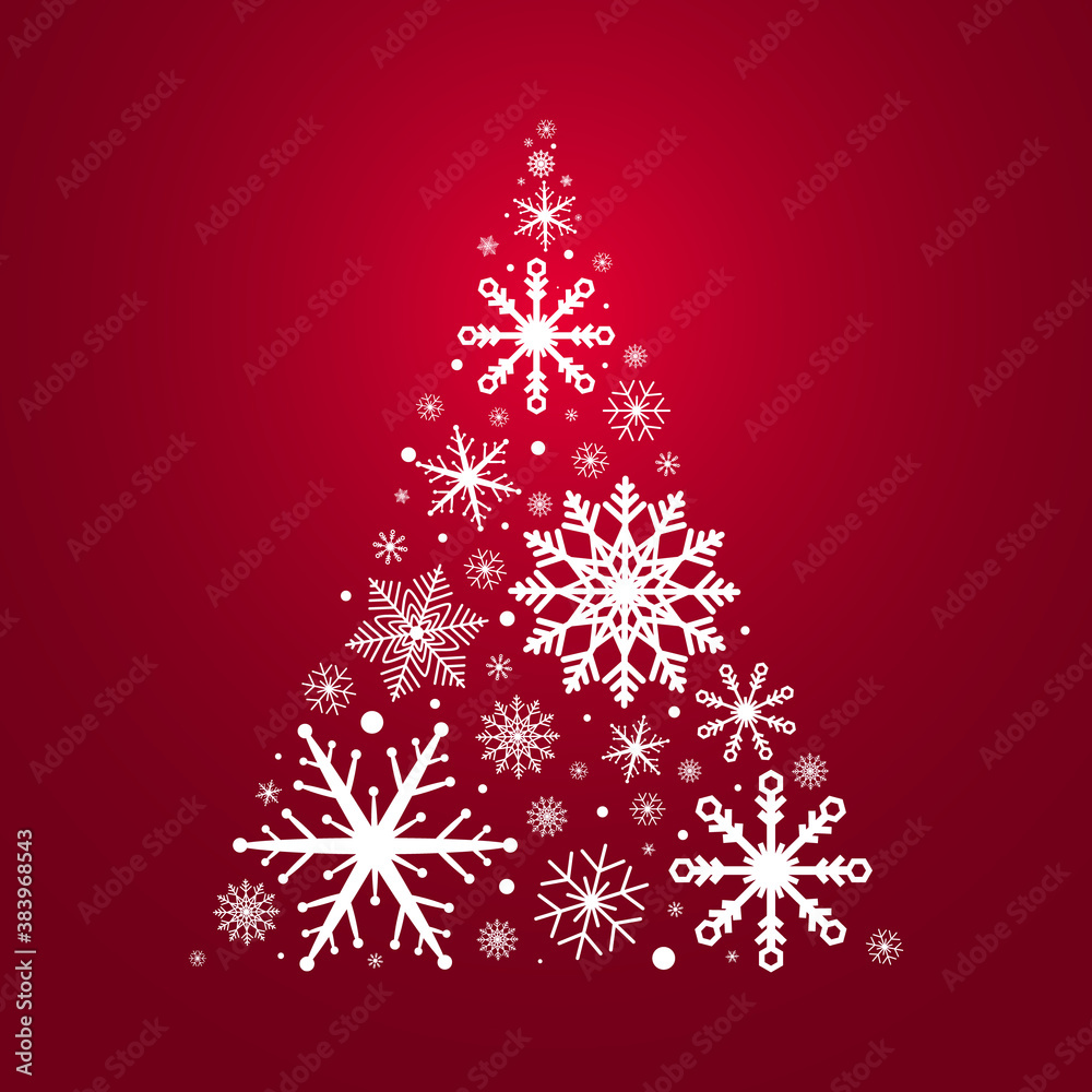 Christmas tree with white snowflakes and snow balls on red background. Luxury Holiday ornament. Greeting card with christmas tree. Winter design elements. Vector illustration Christmas tree with white snowflakes and snow balls on red background. Luxury Holiday ornament. Greeting card with christmas tree. Winter design elements. Vector illustration