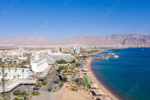 Eilat coastline, waterfront hotels and The Red Sea , Aerial view
