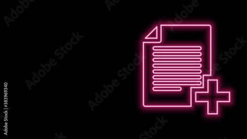 Glowing neon line Add new file icon isolated on black background. Copy document icon. 4K Video motion graphic animation