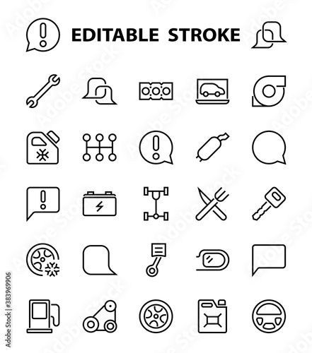 AUTO PARTS Set of Icons related vector line icons. Contains icons such as parts, oil, diagnostics, turbine, steering wheel, key, chassis, gearbox and much more. Editable stroke