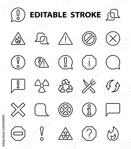WARNINGS simple set of thin line vector icons. Contains icons such as warning, exclamation mark, reuse, warning sign and more. Editable stroke. Vector illustration