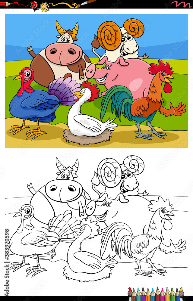 Fototapeta premium farm animals group cartoon illustration coloring book page