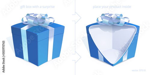 Blue gift boxes with a silver bow. 3d realistic box is open with cut to show any hidden jewelry product. Original design for a twin pages of greeting card to achieve an effect of surprise.