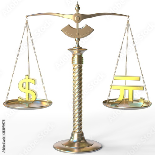 Dollar USD symbol and Renminbi yuan sign on golden balance scales, forex parity conceptual 3d rendering photo