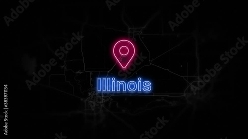 Illinois State of the United States of America. Animated neon location marker on the map. Easy to use with screen transparency mode on your video. 4k 30 fps.