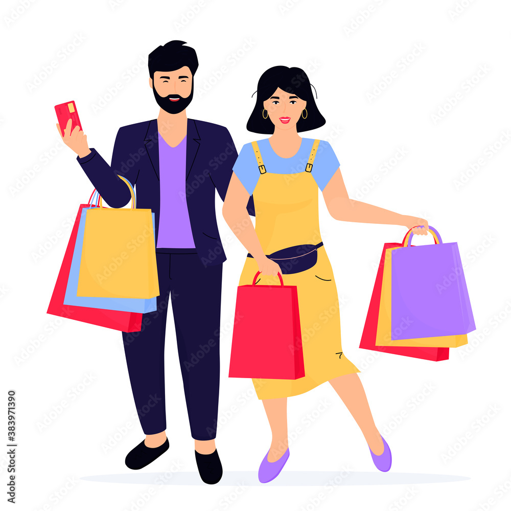 Black Friday Sale banner. Man and woman with shopping bags
