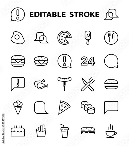 Fototapeta Naklejka Na Ścianę i Meble -  A simple set of fast food icons related to the vector line. Contains icons such as pizza, burger, sushi, bike, scrambled eggs and more. EDITABLE stroke. EPS 10