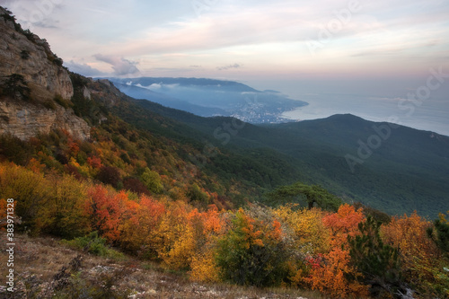 Fantastic beautiful autumn landscape in the mountains of Crimea. Crimea, mount AI-Petri, Yalta.