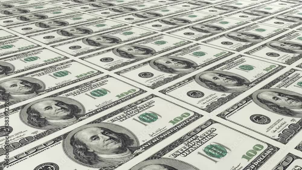 Hundred dollar bills. $100 dollar bills or banknotes being printed - Seamless looping motion background animation