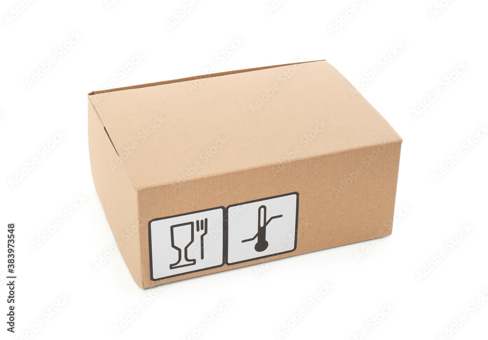 Cardboard box with different packaging symbols isolated on white. Parcel delivery