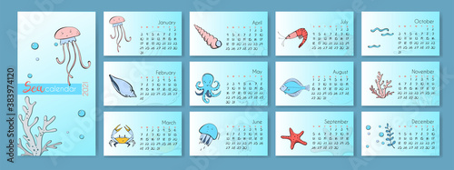Sea calendar 2021. Vector design template with illustrations of sea animals - starfish  crab  shrimp  jellyfish cambala  octopus  shell. Doodle pastel animal calendar set 2021. Set of 12 months.