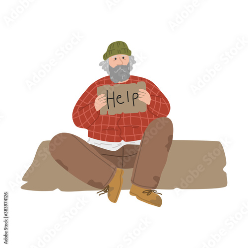 Homeless unshaven dirty man sitting on ground and asking for help