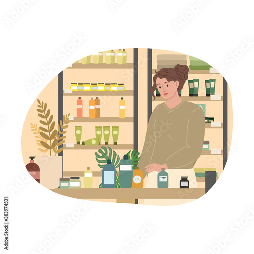 Girl deciding which bodycare product to buy in cosmetics store
