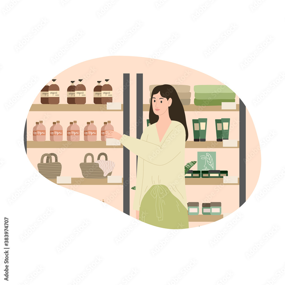 Brunette girl choosing organic bodycare products in cosmetics store
